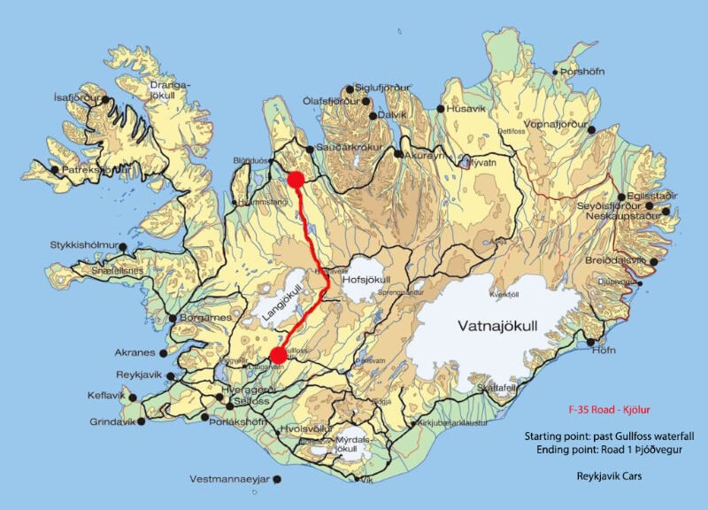 Map detailing the location of the F25 route in Iceland.
