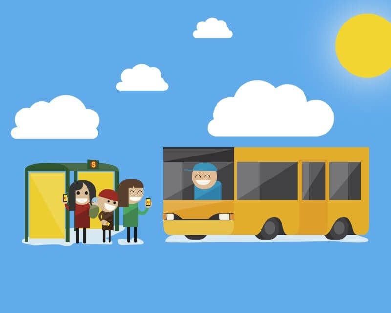 Family waiting on a bus stop while a yellow urban bus arrives