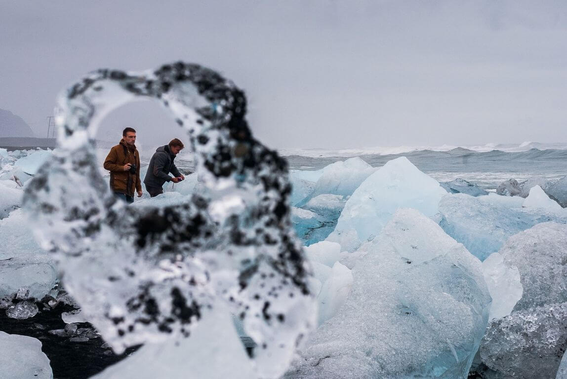 diamond beach in Iceland with chunks of ice on the black sand